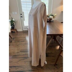 Silk Linen Embroidered Midi Dress Beige Floral Bee Detail 3X Boho Coastal Resort